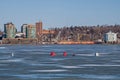 Ice Fishing Huts On Kempenfelt Bay With Downtown Barrie In Background Royalty Free Stock Photo