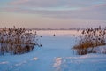 Ice-fishing man scoops ice from fishing hole in a blur of snow Royalty Free Stock Photo