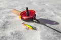 Ice fishing rod and lure Royalty Free Stock Photo