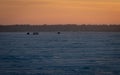 Ice fishing shacks on a frozen lake at sunset.