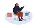 Ice fishing in winter. Fisherman sitting, catching fish with rod in frozen river, lake in cold weather, snow season