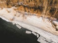 Ice floating on river in spring time. Winter landscape with melting of ice floe. Royalty Free Stock Photo