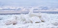 Ice floe breaking up against shore with sea ice during freezing winter weather. Shelf ice Royalty Free Stock Photo