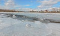 On an ice floe on the river Bank, a small glass figure of a Baikal seal, a baby seal