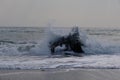 Ocean waves slam up against ice flows caught in the beach shallows