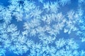 Ice flowers frozen blue window textured background Royalty Free Stock Photo