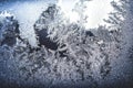 Ice flowers frozen on window. Winter cold textured pattern. Macro view. Frost crystal. Royalty Free Stock Photo