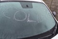 Ice formed on car windscreen in freezing weather. Marked cold