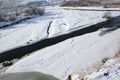 Ice-free mountain river in winter with animal trails Royalty Free Stock Photo