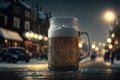 Ice freezing mug of beer with urban cityscape street view background