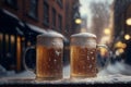 Ice freezing mug of beer with urban cityscape street view background