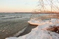 Ice in a freezing river in the fall at sunset, Siberia, Russia Royalty Free Stock Photo
