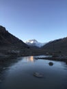 Ice in front of Rongbuk Monastery during Sunrise in Himalayan Mountains in Tibet in China.