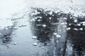 Ice on frozen pond with small patches of snow crystals, tree reflection on surface Royalty Free Stock Photo