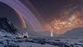 Ice geysers erupt on an exomoon under the light of a nebula and a giant ringed planet Royalty Free Stock Photo
