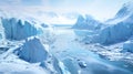Ice and glacier in Antarctica, icebergs and frozen shores with snow cover in ocean. Antarctic landscape with clean sea water.
