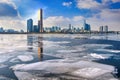 Ice of Han river and cityscape in winter,Seoul in Korea. Royalty Free Stock Photo