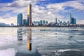 Ice of Han river and cityscape in winter,Seoul in Korea. Royalty Free Stock Photo