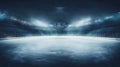 Ice hockey arena empty field created with Generative AI. Big ice rink in the middle of the arena. Royalty Free Stock Photo