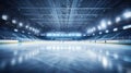 Ice hockey arena empty field created with Generative AI. Big ice rink in the middle of the arena. Royalty Free Stock Photo