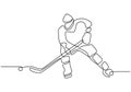 Ice hockey athlete player. One continuous line drawing minimalism person with stick playing winter game sport Royalty Free Stock Photo