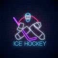 Ice hockey championship neon sign with goalkeeper. Ice hockey competition logo, emblem, symbol design Royalty Free Stock Photo