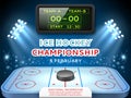 Ice hockey electronic scoreboard poster. Realistic ice rink with hockey puck, championship score, tournament banner