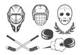 Ice hockey emblems, hockey helmets and retro goalkeeper mask, flying hockey puck Royalty Free Stock Photo