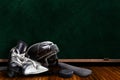 Ice Hockey Equipment and Chalk Board Copy Space Royalty Free Stock Photo