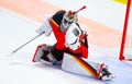 Ice hockey goalie makes a great glove save Royalty Free Stock Photo