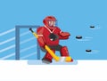 Ice hockey goalie try to catch many puck, hockey keeper character in ice hockey sport game with blue background in cartoon flat il Royalty Free Stock Photo
