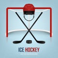 Ice hockey helmet, puck, sticks and goal. Vector background.