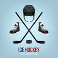 Ice hockey helmet, puck, sticks and skates.