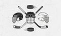 Ice Hockey icons set. Hockey vintage emblem with black and white hockey cues, helmets and puck icons. Royalty Free Stock Photo