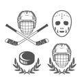 Ice hockey insignias, hockey helmet and retro goalkeeper mask, hockey puck logos Royalty Free Stock Photo