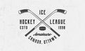 Ice Hockey league logo, poster. Vintage hockey emblem with crossed hockey cues and puck icon.