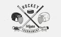 Ice Hockey logo. Hockey vintage emblem with ribbon banner, black and white hockey cues, helmets icons. Royalty Free Stock Photo
