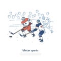 Ice hockey match, professional sportsmen wearing protective equipment, players on rink banner template