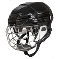 Ice hockey new black protective plastic helmet with front metal grill isolated on white background Royalty Free Stock Photo