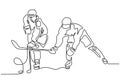 Ice hockey player. Continuous one line drawings of winter sport theme. Two person playing with stick and ball Royalty Free Stock Photo