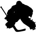 Ice hockey player Goaltender, goalie in full goalkeeper equipment playing ice hockey. Isolated Silhouette