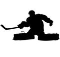 Ice hockey player Goaltender, goalie in full goalkeeper equipment playing ice hockey. Isolated Silhouette