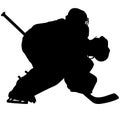 Ice hockey player Goaltender, goalie in full goalkeeper equipment playing ice hockey. Isolated Silhouette