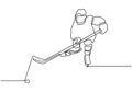 Ice hockey player. One continuous line drawing minimalism person with stick playing winter game sport