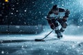 Ice hockey player at rink. Ice hockey player skating with stick and puck Royalty Free Stock Photo