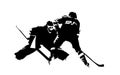 Ice hockey player shoots puck, goalie makes save, abstract isolated vector silhouette Royalty Free Stock Photo