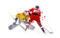Ice hockey player shoots puck, goalie makes save. Polygonal vector illustration Royalty Free Stock Photo