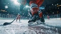 Ice hockey player in skates close-up view from behind on ice rink during game match Royalty Free Stock Photo