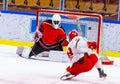 Ice hockey player tries to score with a slap shot