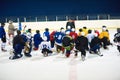 Ice hockey players team meeting with trainer Royalty Free Stock Photo